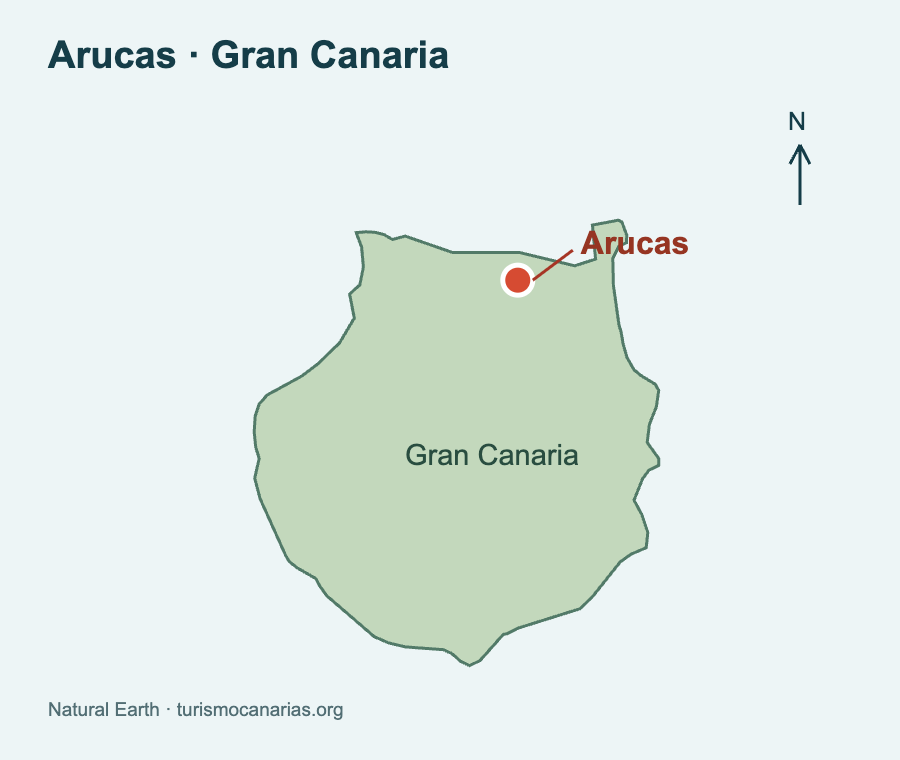 Mapa de Gran Canaria con Arucas señalado en el norte de la isla