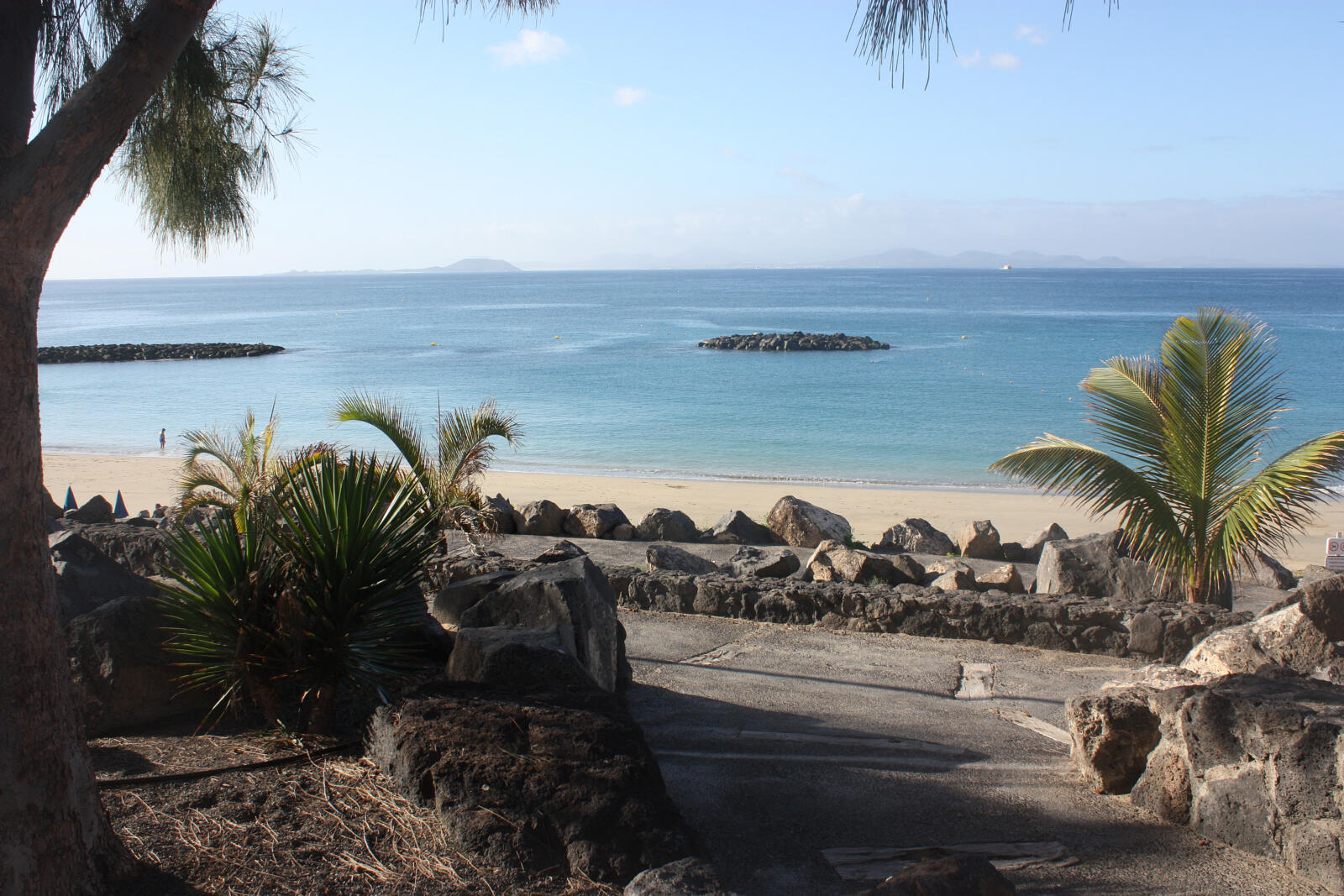 Arena clara y mar azul de Playa Dorada, en Playa Blanca, vistos entre palmeras